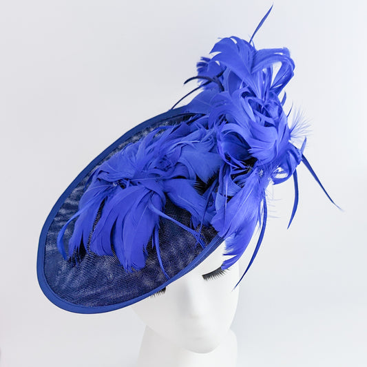 Royal cobalt blue large feather saucer disc fascinator hat
