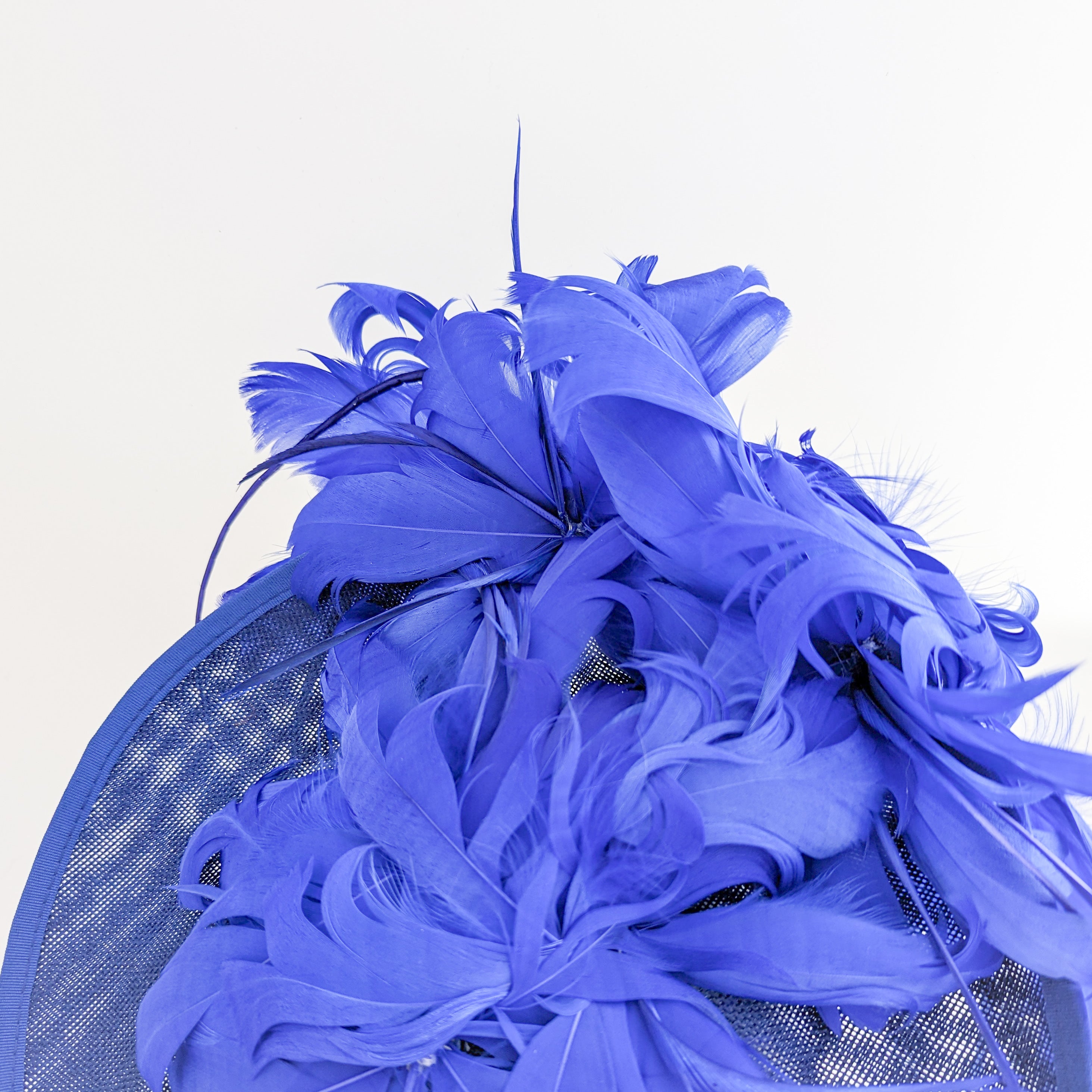 Royal cobalt blue large feather saucer disc fascinator hat