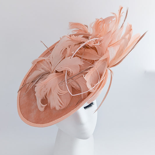 Terracotta dusty pink large feather saucer disc fascinator hat