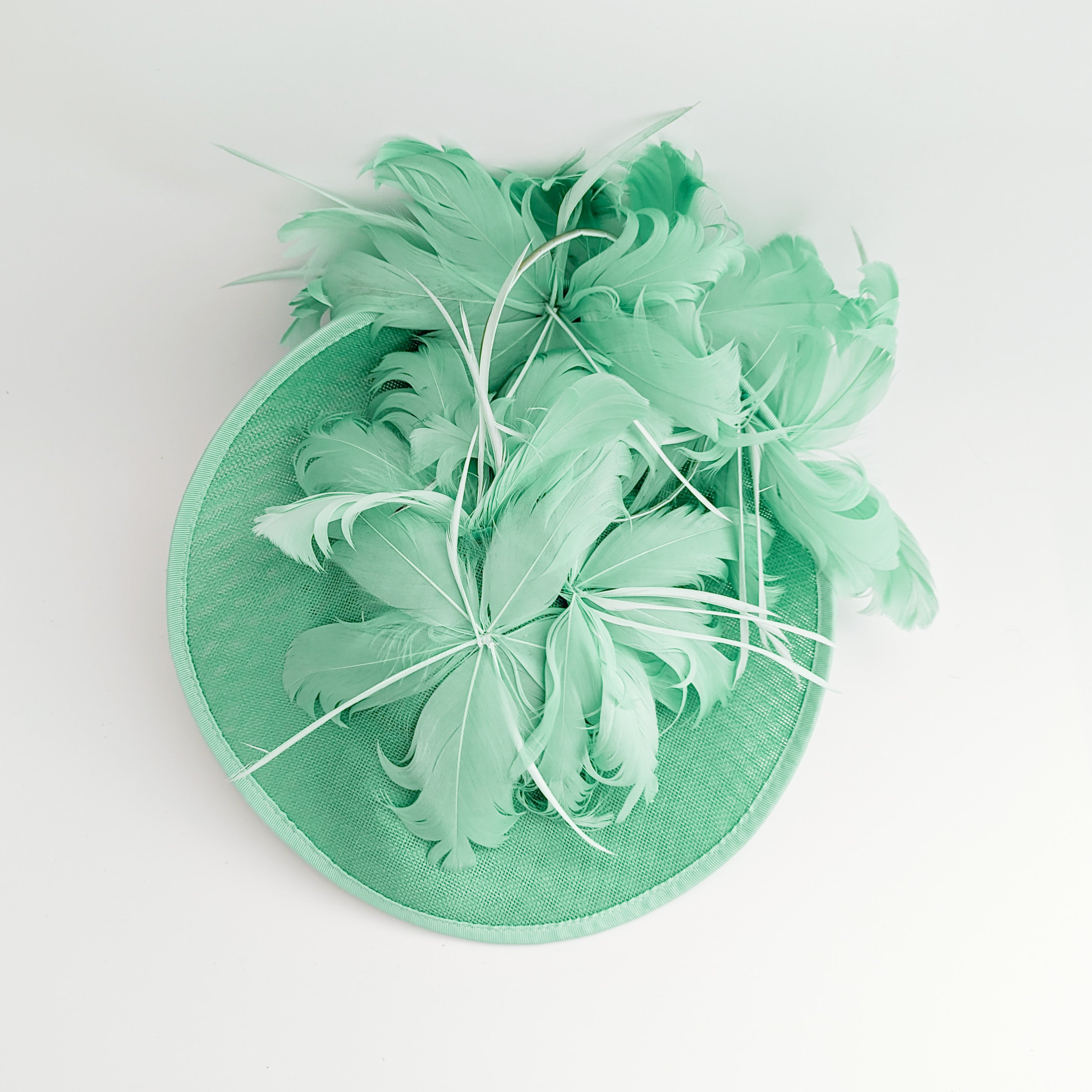 Seafoam mint green feather large saucer disc fascinator hat Seafoam mint green feather large saucer disc fascinator hat