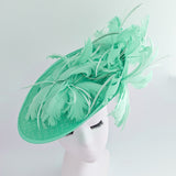 Seafoam mint green feather large saucer disc fascinator hat Seafoam mint green feather large saucer disc fascinator hat
