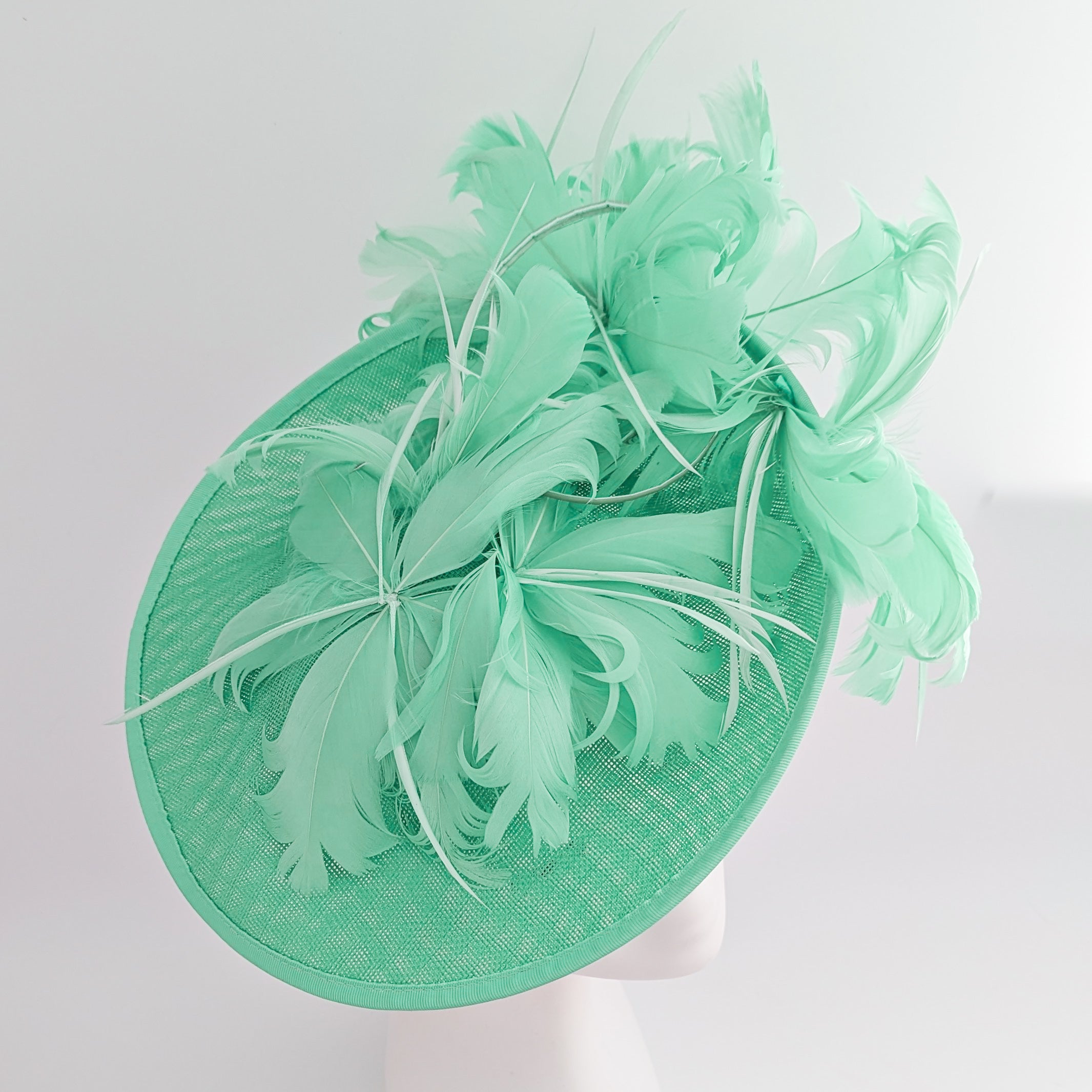 Seafoam mint green feather large saucer disc fascinator hat Seafoam mint green feather large saucer disc fascinator hat