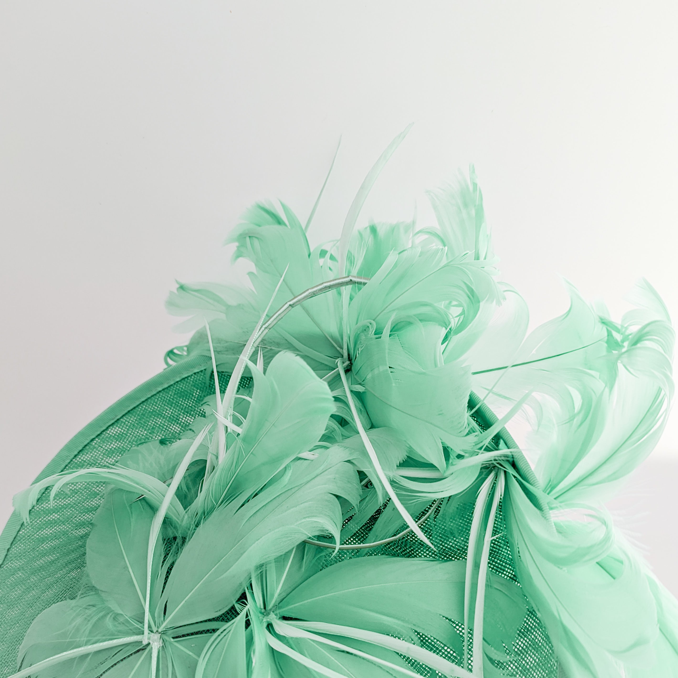 Seafoam mint green feather large saucer disc fascinator hat Seafoam mint green feather large saucer disc fascinator hat