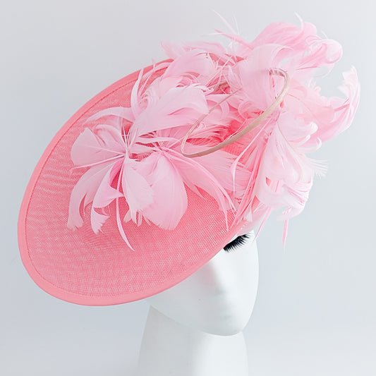 Pink large feather saucer disc fascinator hat