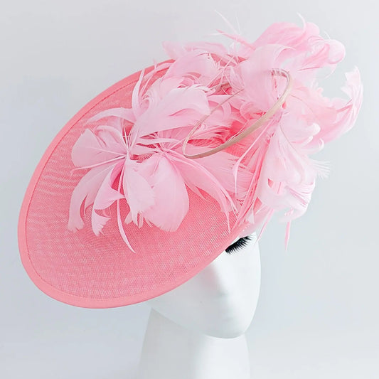 Pink large feather saucer disc fascinator hat House of Hats