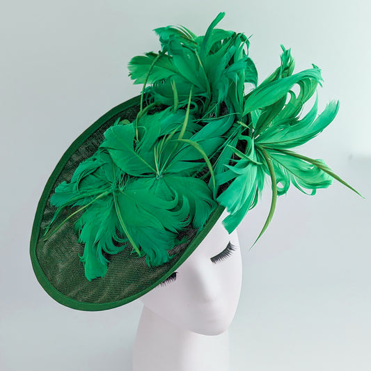 Emerald green feather large saucer disc fascinator hat