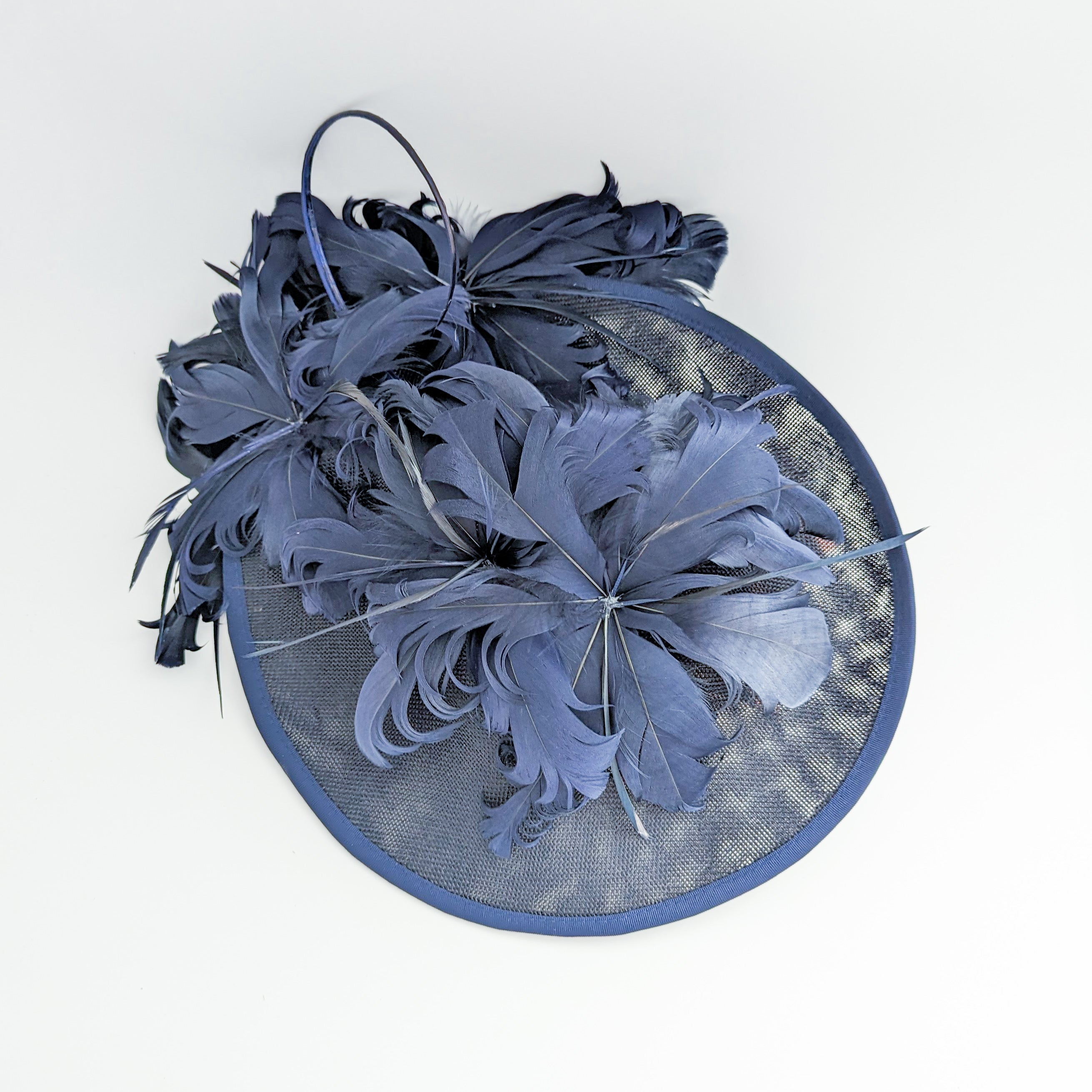 Navy blue large feather saucer disc fascinator hat