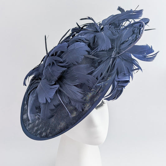 Navy blue large feather saucer disc fascinator hat