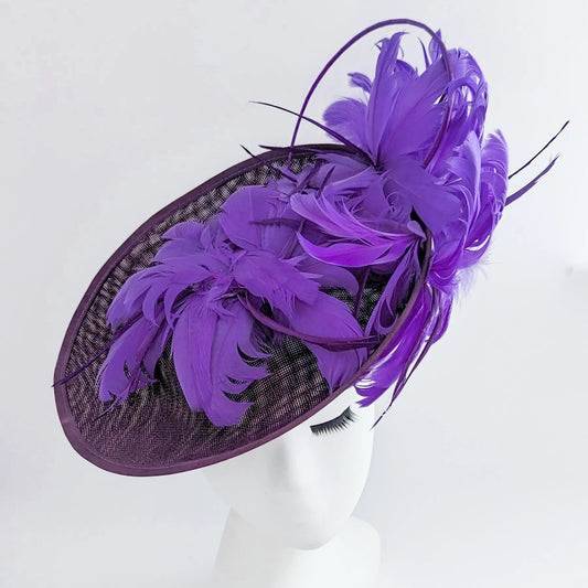 Dark plum cadbury purple large feather saucer disc fascinator hat House of Hats