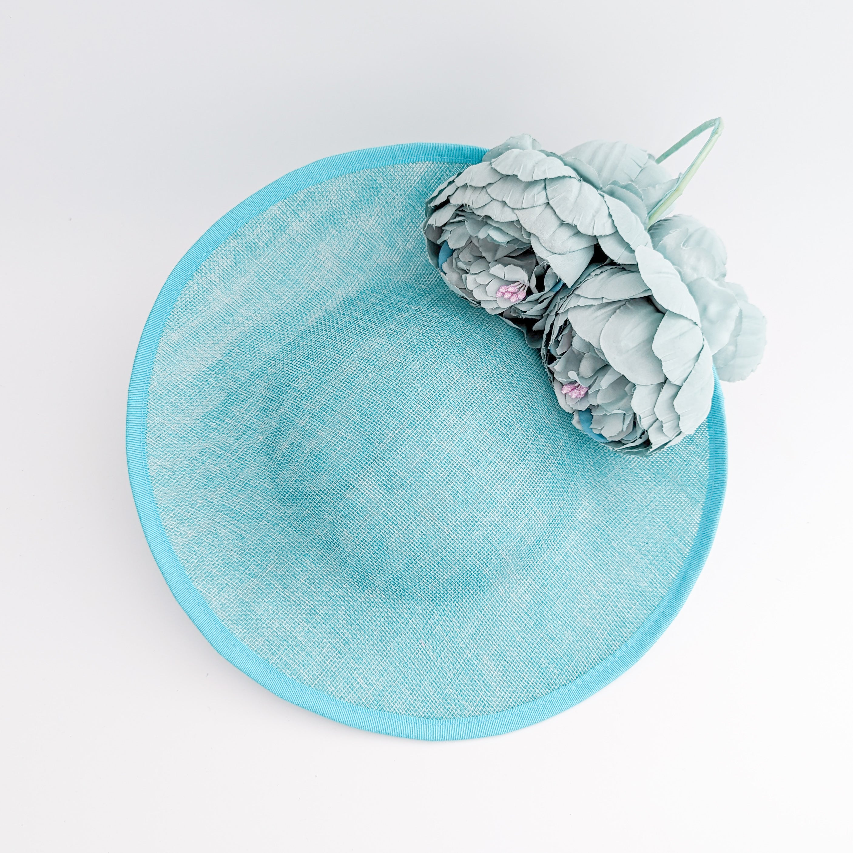 Aqua sky blue large flower saucer disc fascinator hat