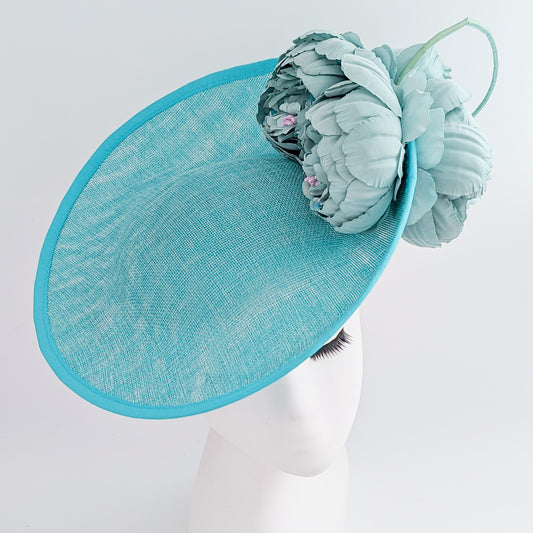 Aqua sky blue large flower saucer disc fascinator hat