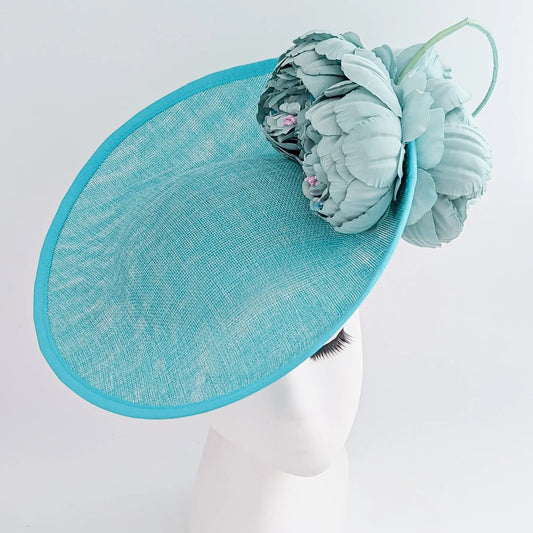 Aqua sky blue large flower saucer disc fascinator hat House of Hats