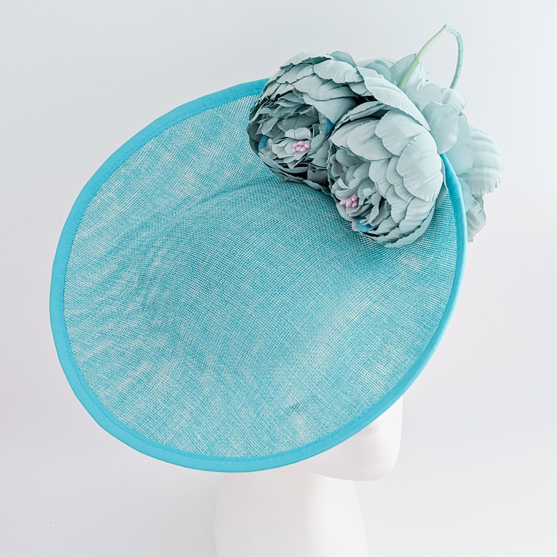 Aqua sky blue large flower saucer disc fascinator hat