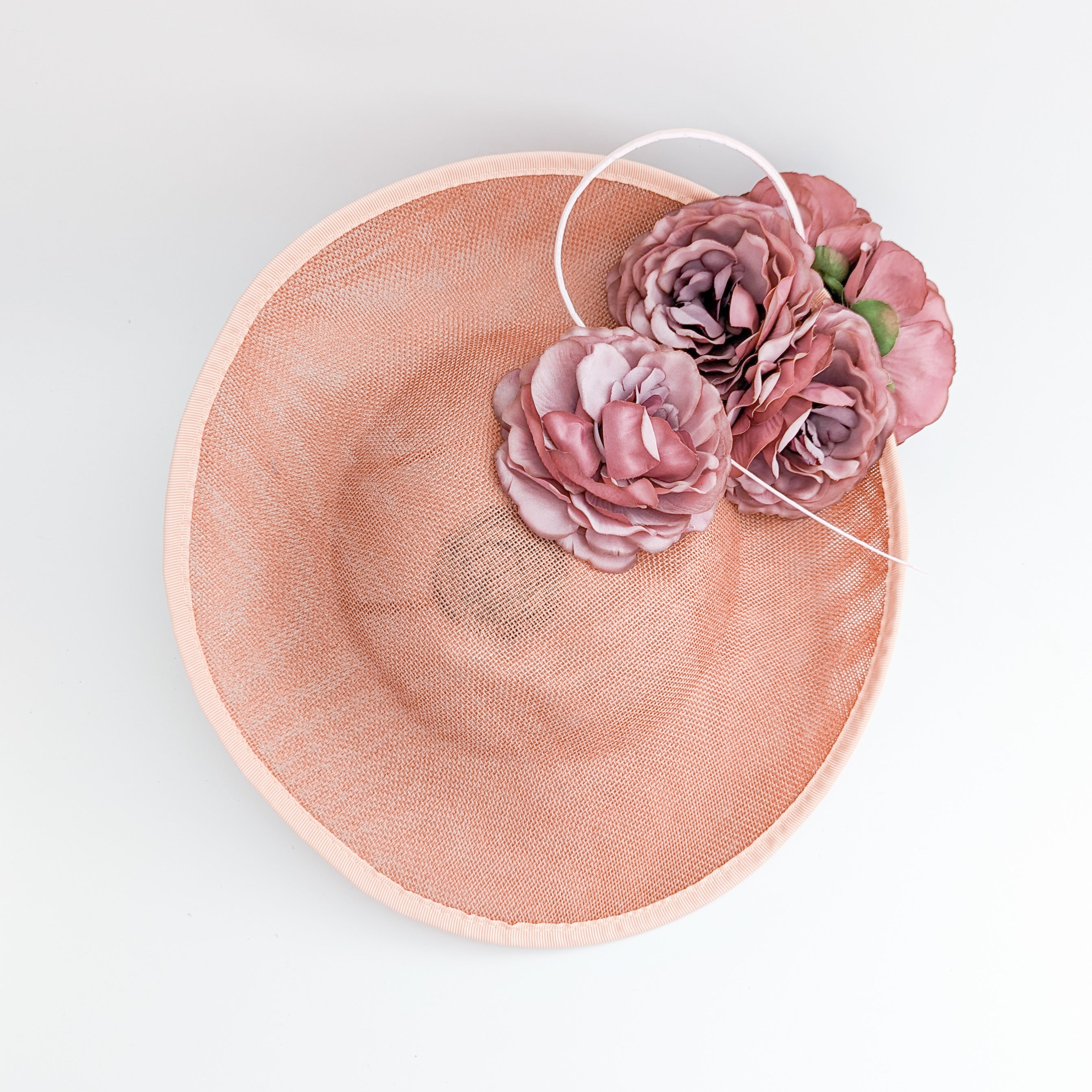 Terracotta dusty pink large flower saucer disc fascinator hat