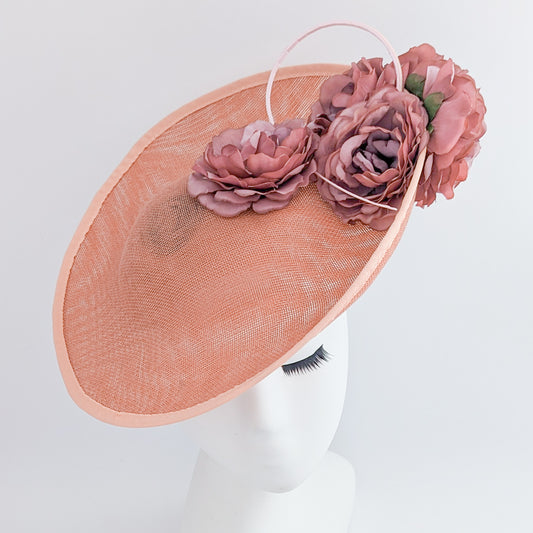 Terracotta dusty pink large flower saucer disc fascinator hat