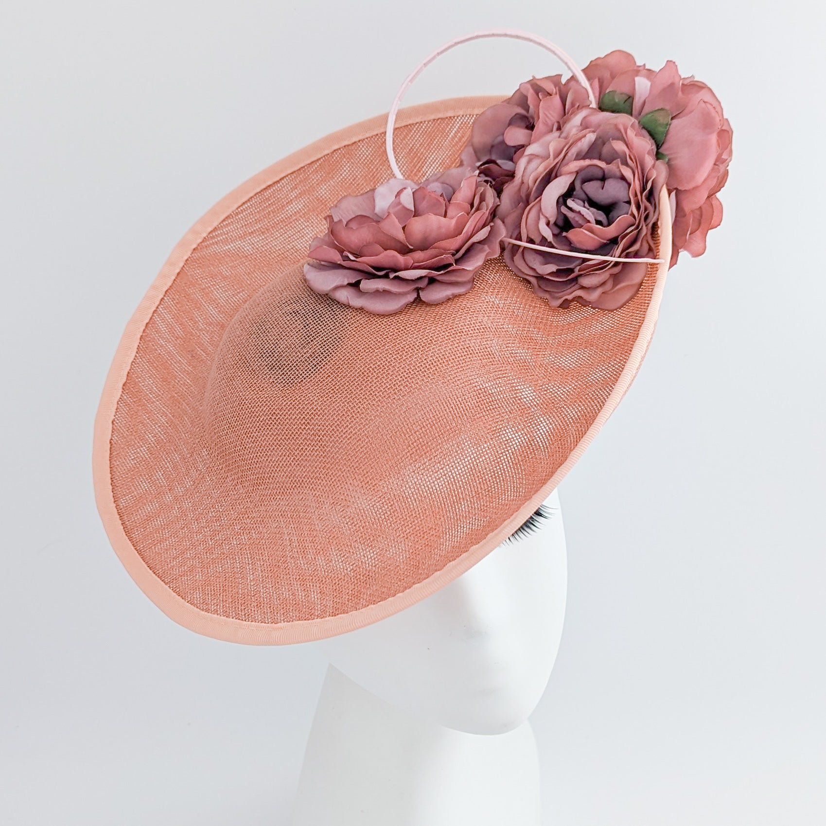 Terracotta dusty pink large flower saucer disc fascinator hat