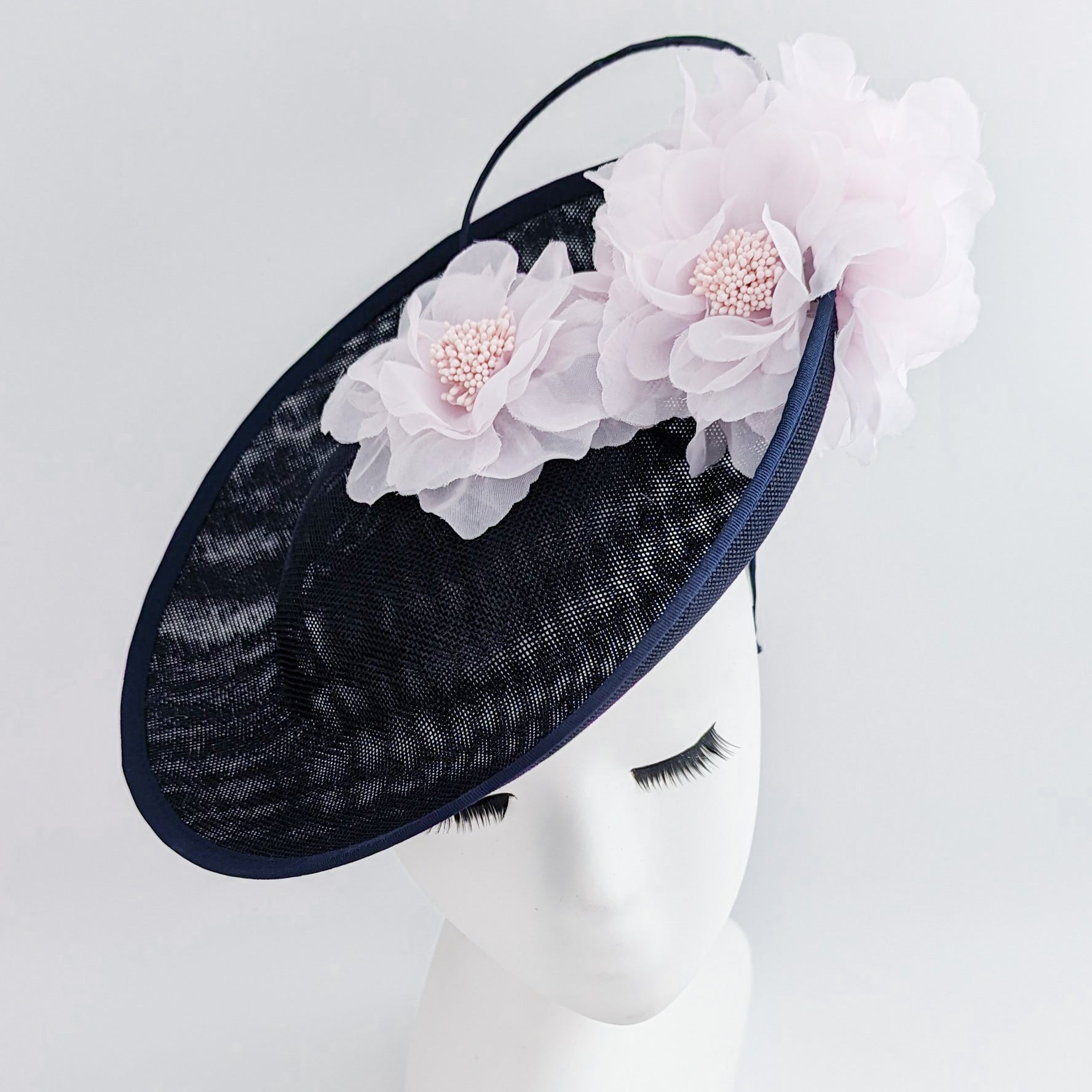 Navy blue light pink large flower saucer disc fascinator hat Navy blue light pink large flower saucer disc fascinator hat