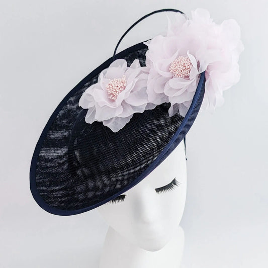 Navy blue light pink large flower saucer disc fascinator hat House of Hats