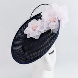 Navy blue light pink large flower saucer disc fascinator hat Navy blue light pink large flower saucer disc fascinator hat