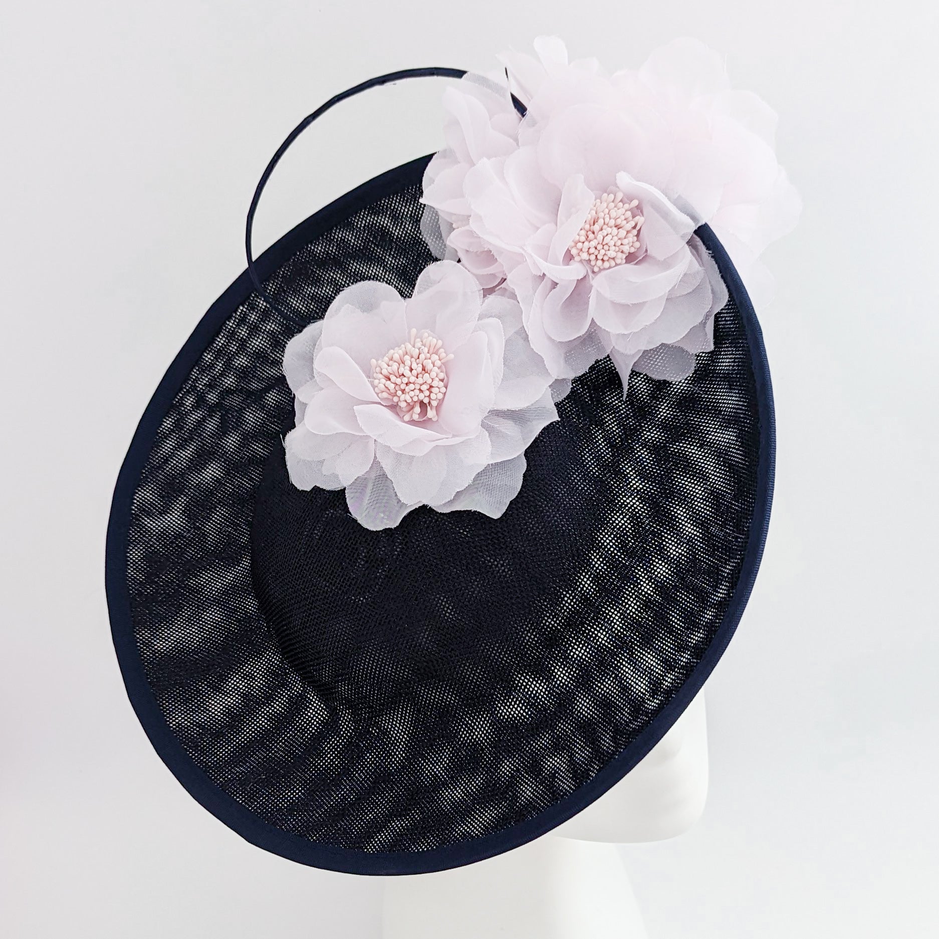 Navy blue light pink large flower saucer disc fascinator hat Navy blue light pink large flower saucer disc fascinator hat