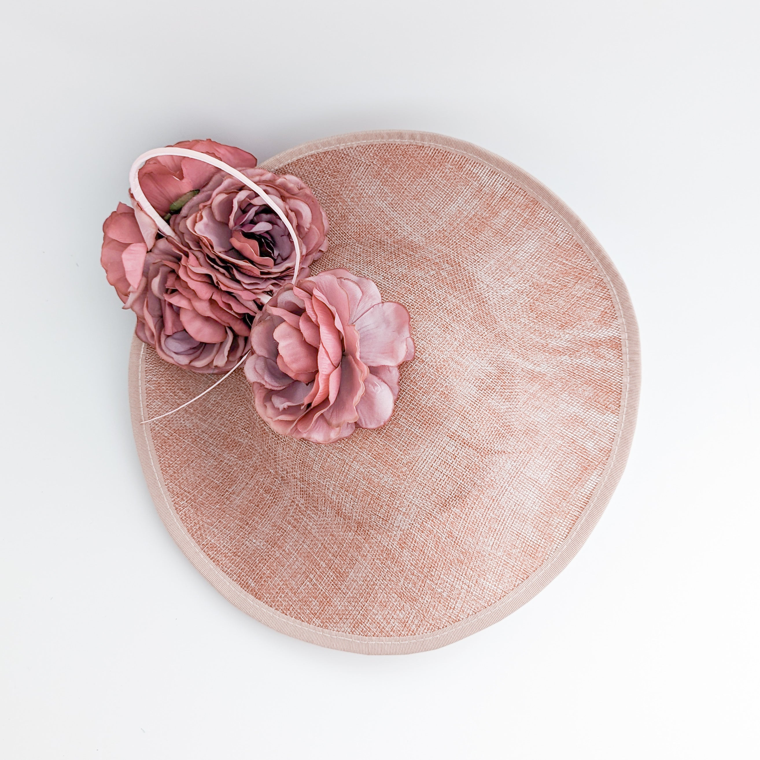 Blush pink large flower saucer disc fascinator hat