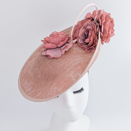 Blush pink large flower saucer disc fascinator hat