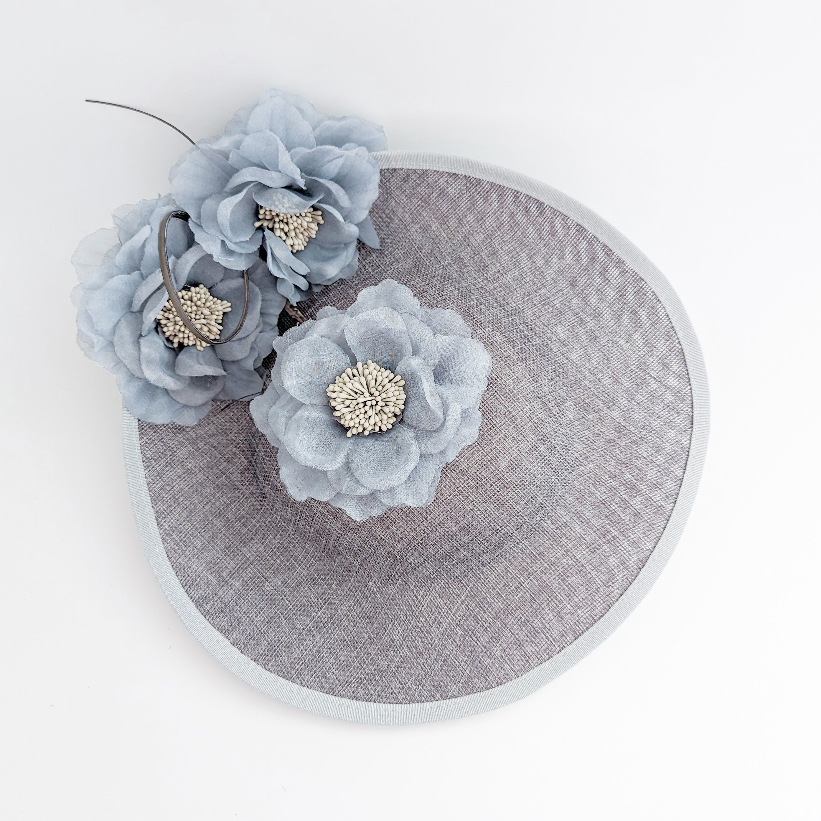 Grey large flower saucer disc fascinator hat