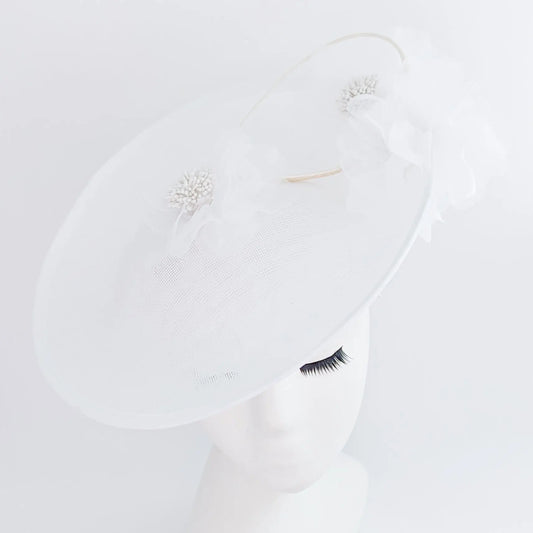 White large flower saucer disc fascinator hat House of Hats