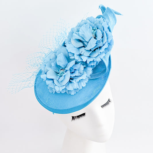 Sea blue flower fascinator disc saucer hat