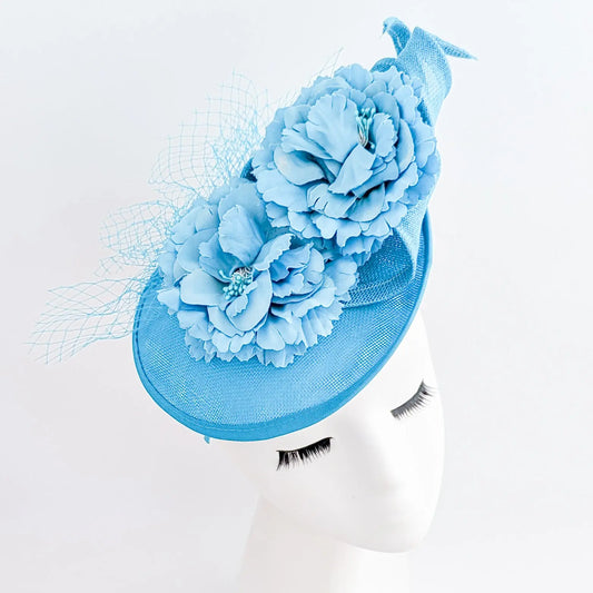 Sea blue flower fascinator disc saucer hat House of Hats