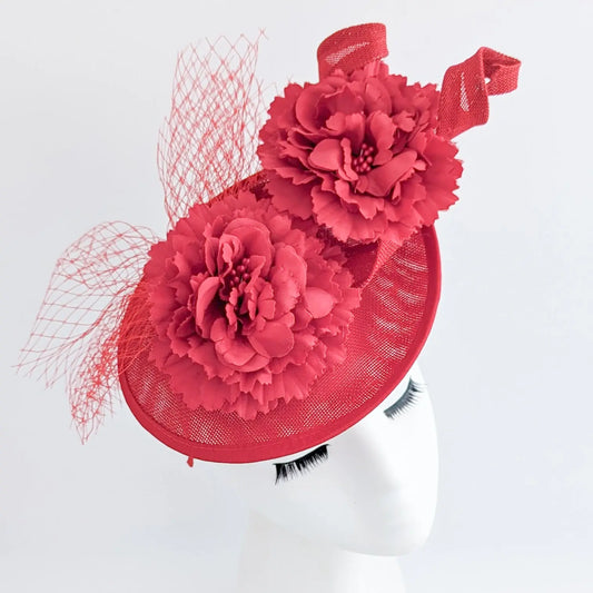 Red flower fascinator disc saucer hat House of Hats