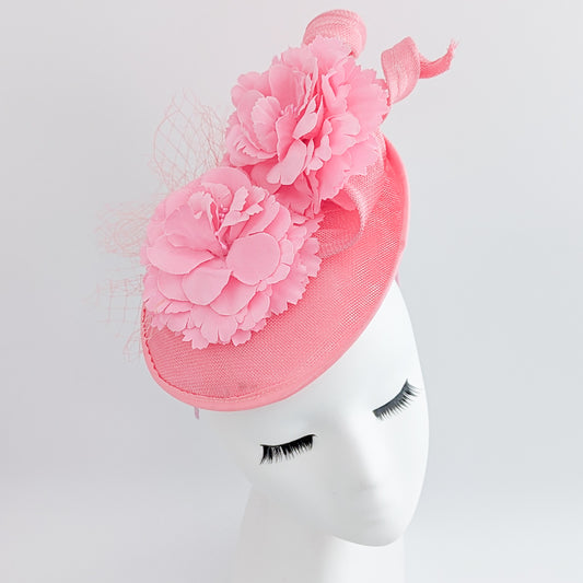 Pink flower fascinator disc saucer hat