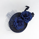 Navy blue flower fascinator disc saucer hat