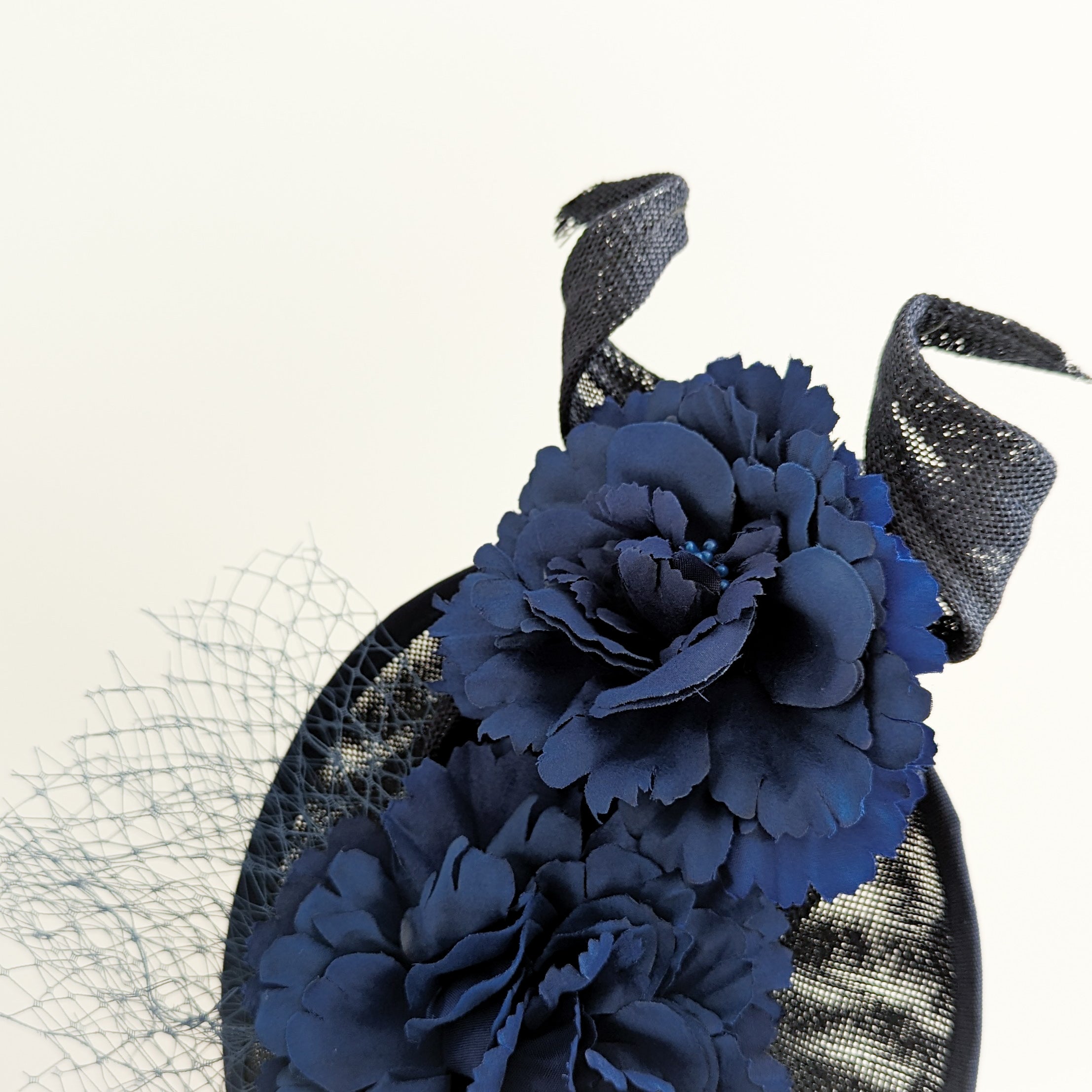 Navy blue flower fascinator disc saucer hat