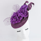 Dark plum purple flower fascinator disc saucer hat