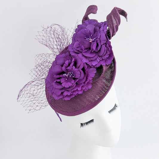 Dark plum purple flower fascinator disc saucer hat