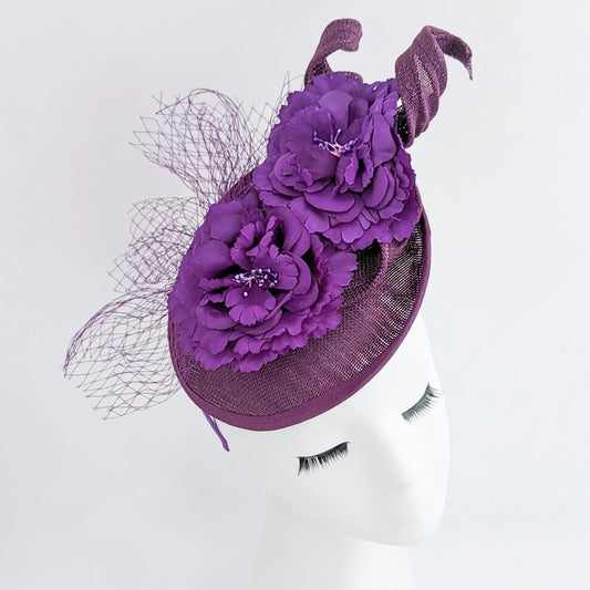 Dark plum purple flower fascinator disc saucer hat House of Hats