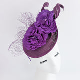 Dark plum purple flower fascinator disc saucer hat Dark plum purple flower fascinator disc saucer hat
