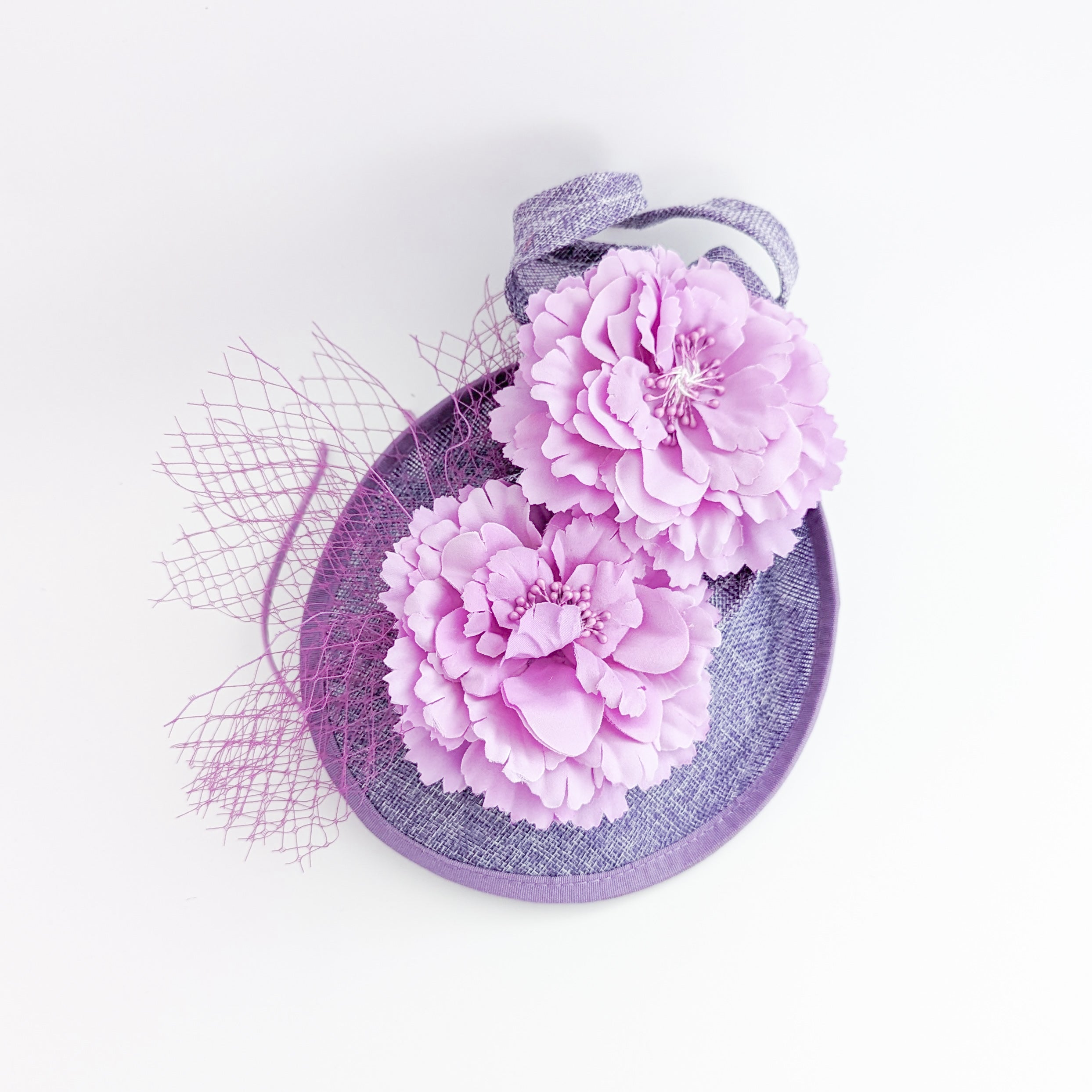 Lavender lilac purple flower fascinator disc saucer hat Lavender lilac purple flower fascinator disc saucer hat