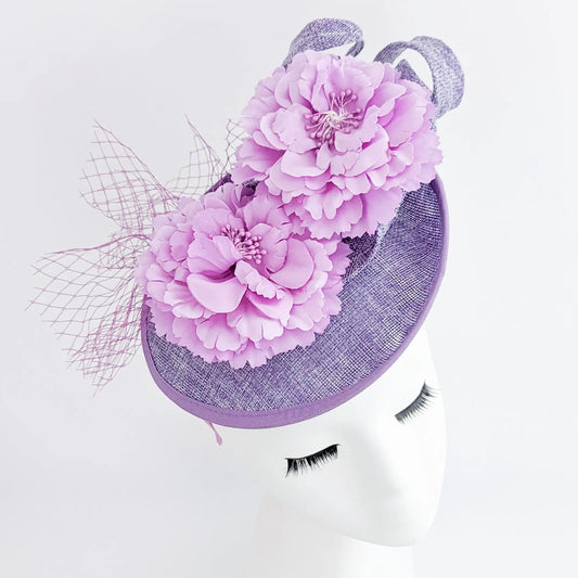 Lavender lilac purple flower fascinator disc saucer hat House of Hats