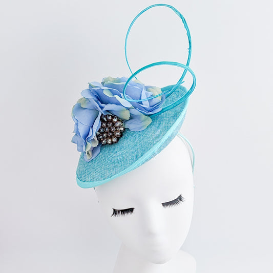 Aqua sky blue flower disc saucer fascinator hat