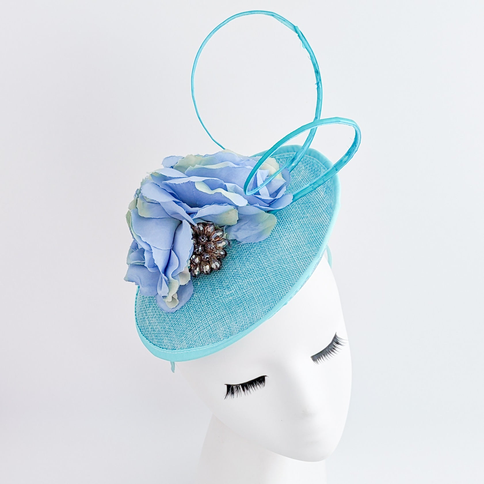 Aqua sky blue flower disc saucer fascinator hat