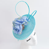 Aqua sky blue flower disc saucer fascinator hat