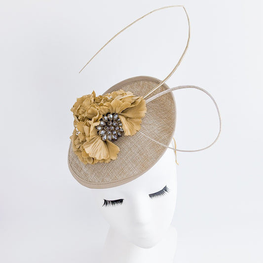 Beige toffee flower disc saucer fascinator hat