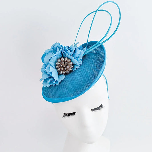 Sea blue flower disc saucer fascinator hat House of Hats