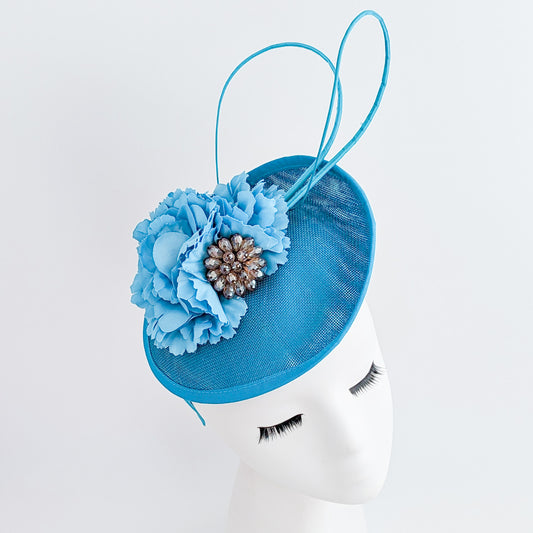 Sea blue flower disc saucer fascinator hat