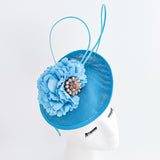 Sea blue flower disc saucer fascinator hat