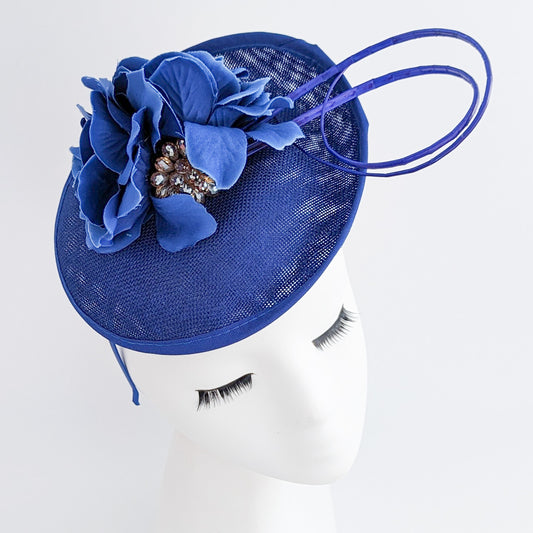 Royal cobalt blue flower disc saucer fascinator hat