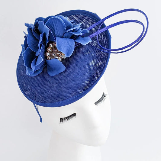 Royal cobalt blue flower disc saucer fascinator hat House of Hats