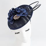 Navy blue flower disc saucer fascinator hat